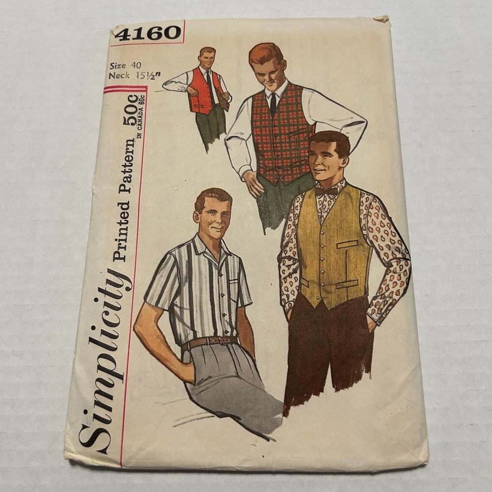 Simplicity Vintage 1960's Pattern #4160 Men's Shirt Vest Size 40 Neck 15.5"